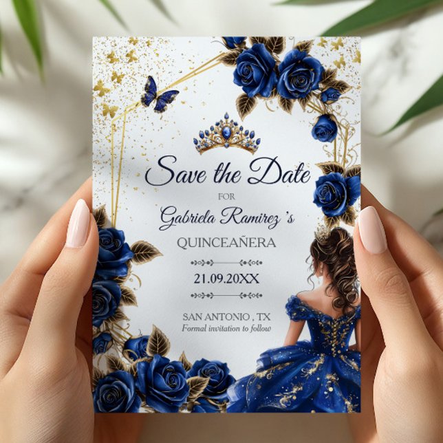 Reserve A Data Navy Blue Golden Tiara Roses  Quinceañera (Criador carregado)