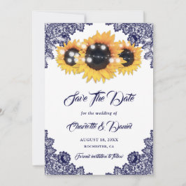 Reserve A Data Navy Blue Sunflower Floral Lace Rustic Wedding