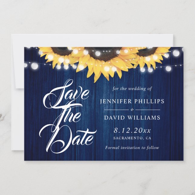 Reserve A Data Navy Blue Wood String Lights Sunflower Wedding (Frente)