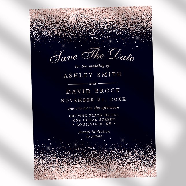 Reserve A Data Navy e Rosa Dourado Confetti Save the Date (Criador carregado)