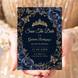 Reserve A Data Navy Gold Butterflies Roses Quinceanera<br><div class="desc">Navy Blue and gold Quinceanera celebration Save The Date card. Features,  script font,  butterflies,  watercolor roses and tiara. Perfect for an elegant princess style glam celebration. Personalize with your own details. Printed Zazzle cards or instant download digital printable template.</div>