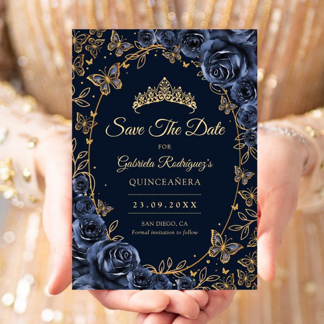 Reserve A Data Navy Gold Butterflies Roses Quinceanera (Criador carregado)