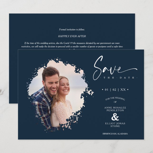 Reserve A Data Navy Modern Grunge Ink Effect Photo Engaged Couple (Frente/Verso)