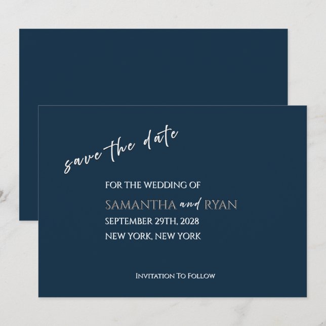 Reserve A Data Navy Save the Date com Prata Metálica (Frente/Verso)
