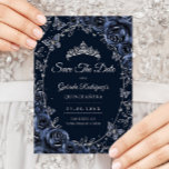 Reserve A Data Navy Silver Butterflies Roses Quinceanera<br><div class="desc">Navy Blue and silver Quinceanera celebration Save The Date card. Features,  script font,  butterflies,  watercolor roses and tiara. Perfect for an elegant princess style glam celebration. Personalize with your own details. Printed Zazzle cards or instant download digital printable template.</div>
