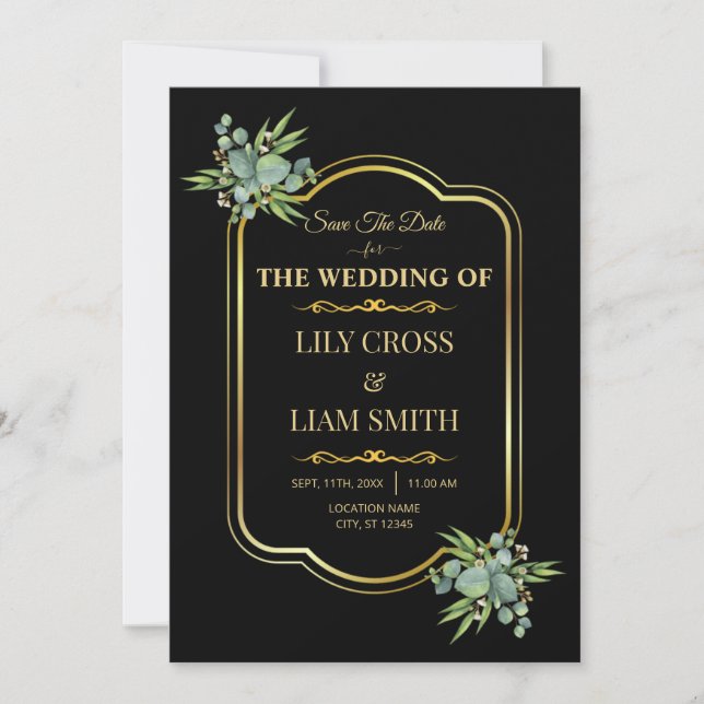 Reserve A Data Negra Clássica E Casamento Dourado Elegante (Frente)