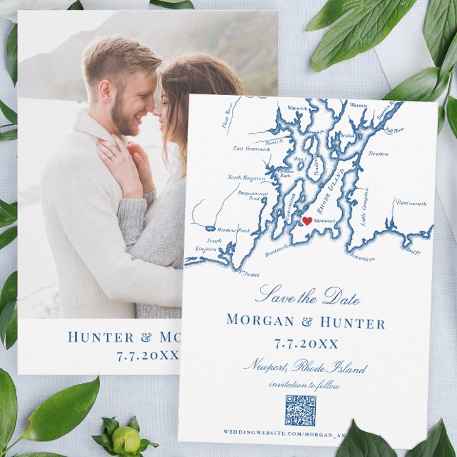 Reserve A Data Newport Rhode Island Salve o código QR legante de  (These navy Newport, Rhode Island save the dates have a QR code for your destination wedding website.)