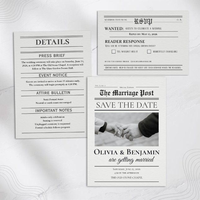Reserve A Data Newspaper-Style Wedding Save the Date (Criador carregado)
