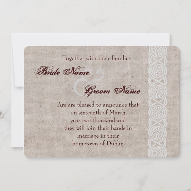 Reserve A Data nó celta em burlap rústico irlandês tradicional (Frente)