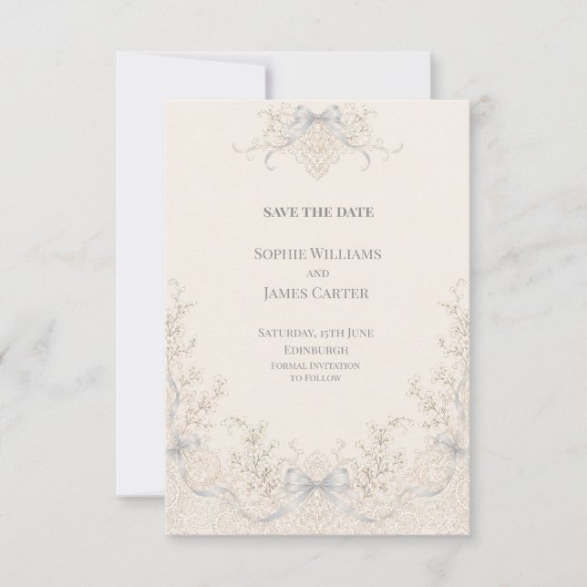 Reserve A Data Noiva Azul Marfim Fita Ornata Vintage Casamento (Frente)