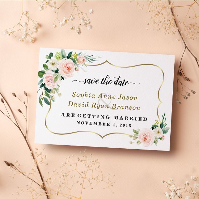 Reserve A Data Noiva de Caligrafia de Flores de Marfim com Charme (trendy save the date wedding, floral save the date wedding, elegant pink flowers save the date)
