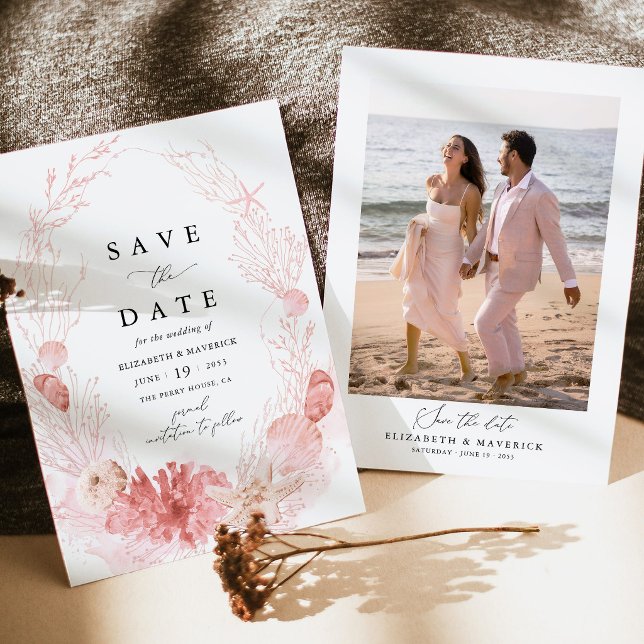 Reserve A Data Noiva de Foto de Conchas Marinhas Costeiras da Pra (Coastal Blush Photo Save the Date Card Pink Seashell Beach Destination Wedding Stationery)