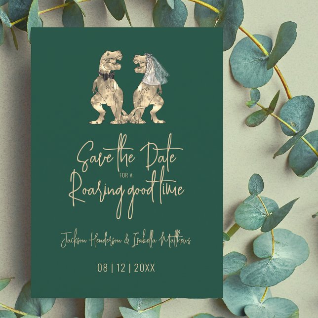 Reserve A Data Noiva Dinossauro Engraçado e Casamento de Noite (Funny Dinosaur wedding save the date invitation Modern trendy script T-Rex dino bride and groom )