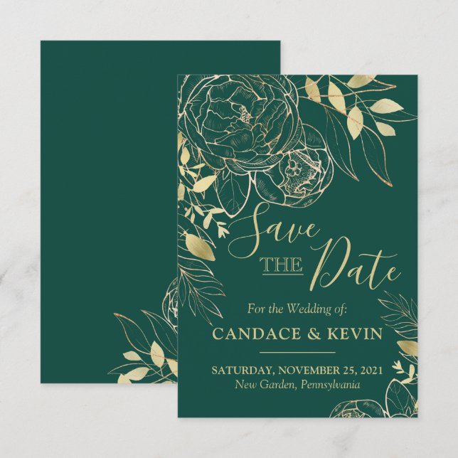 Reserve A Data Noiva Floral Moderna Verde Esmeralda e Dourado (Frente/Verso)