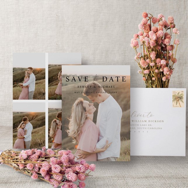 Reserve A Data Noivado de Script Simples de Foto Elegante Modern  (Easily personalize this wedding save the date with 5 photos and your deets!)