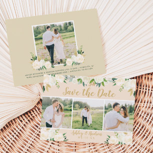 Reserve A Data Noivado Floral Bege Script Três Fotos Casamento