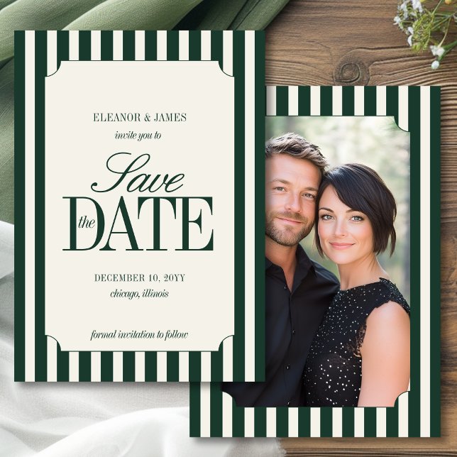 Reserve A Data Noivado Listras Verde Esmeralda Dinheiro Antigo Pr (Luxe Green stripe high-society save the date. classic easthetic & engagement photo by Darling & May)