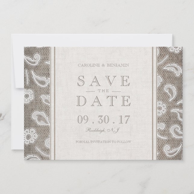 Reserve A Data Noivado rústico em renda e burlap, save the date (Frente)