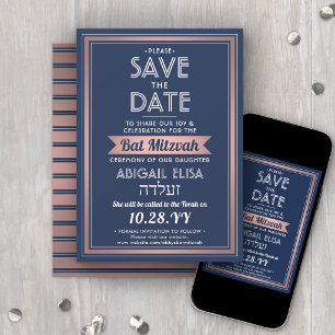Reserve A Data Nome Hebraico Bat Mitzvah Azul Marinho Rosa Dourad