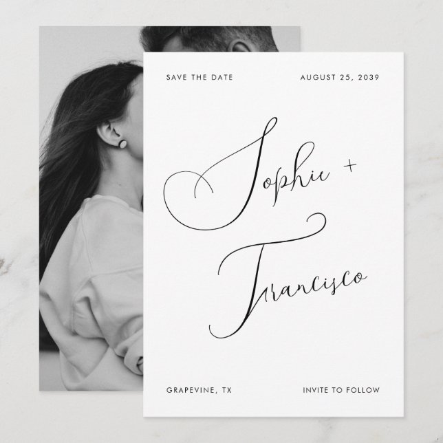 Reserve A Data Nomes de Casamento Modernos com Caligrafia Elegant (Frente/Verso)