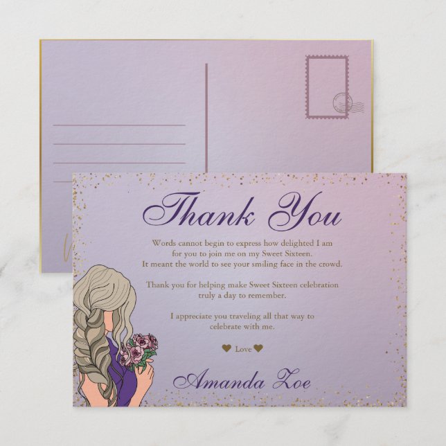 Reserve A Data Nota de Agradecimento Roxo Dourado Mis Quince (Frente/Verso)