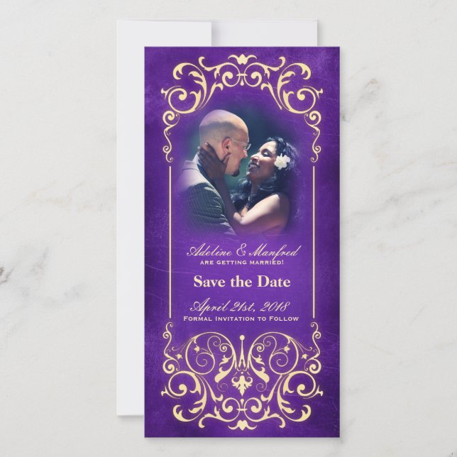 Reserve A Data Nouveau Victorian: Dourada e EggPlant Salvar a Dat (Frente)