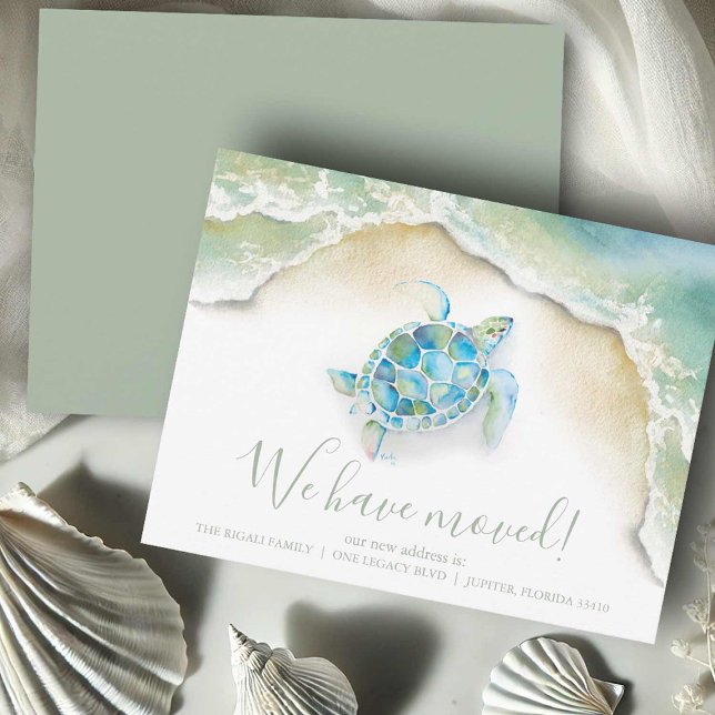 Reserve A Data Novas placas de endereço tropical (Moving announcement cards watercolor sea turtle ocean art by Victoria Grigaliunas DoTellABelle)