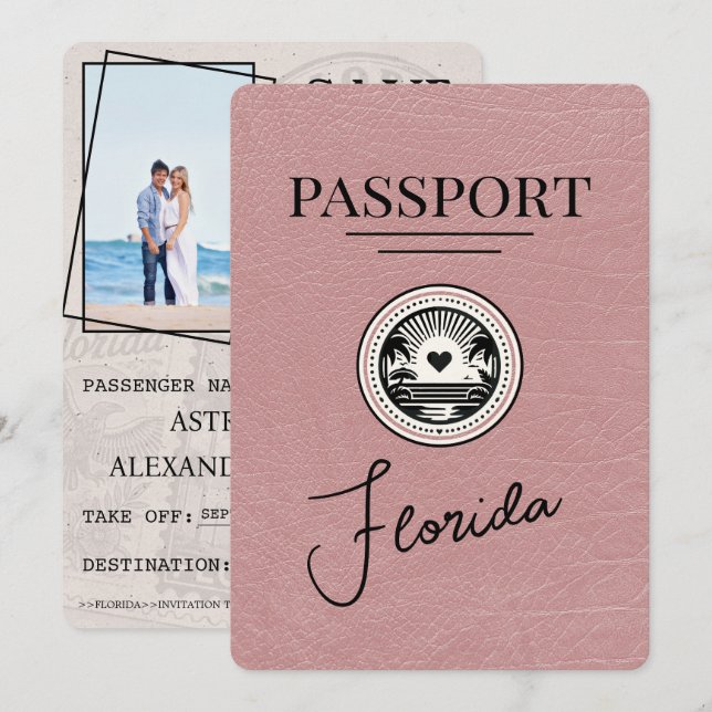 Reserve A Data O Passaporte Dusty Rosa Florida Salva A Data (Frente/Verso)