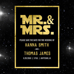 Reserve A Data O Sr. e a Sra. Black Dourada Tema Sci Fi