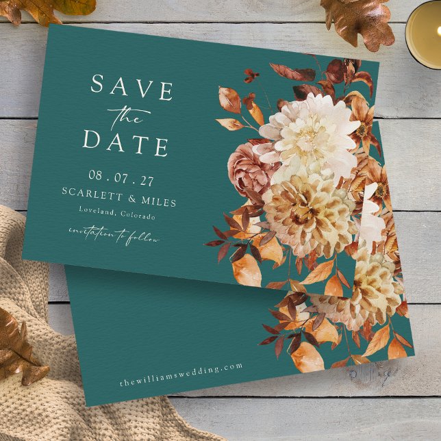 Reserve A Data O Teal Autumn Deixa A Data (Teal Autumn Leaves Floral Save The Date Card by Painted Paperie
)