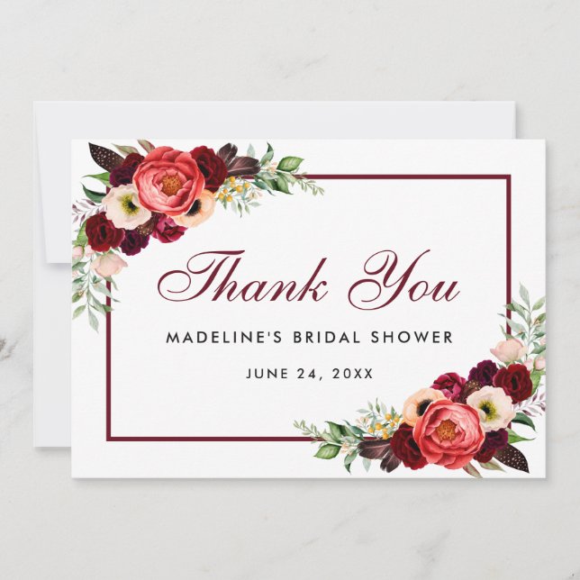 Reserve A Data Obrigados Floral Burgundy Boho Placa B (Frente)