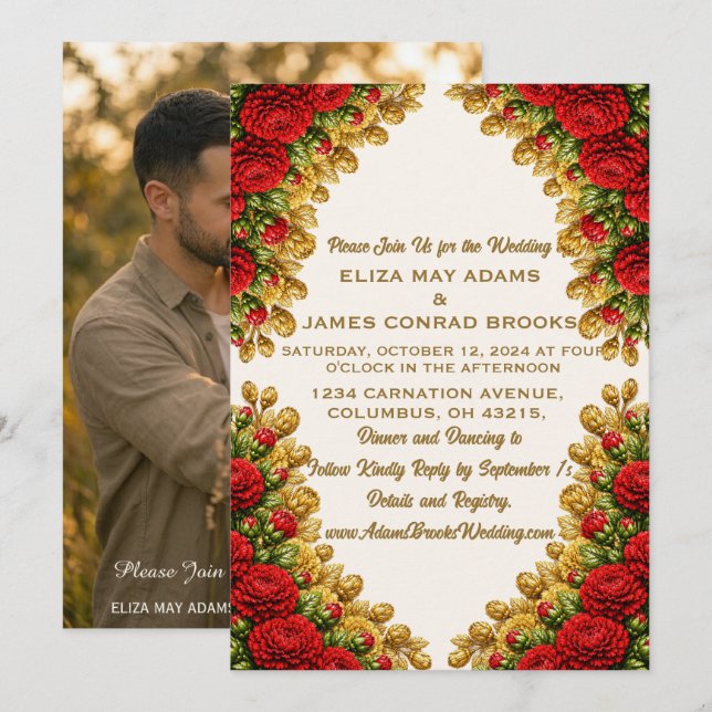 Reserve A Data Ohio Red Carnation Vertical Photo Wedding Invitati (Frente/Verso)