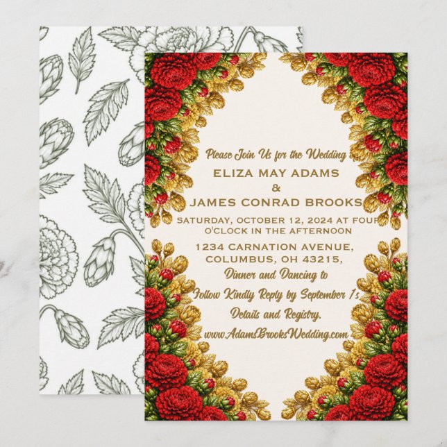Reserve A Data Ohio Red Carnation Vertical Wedding Invitation (Frente/Verso)