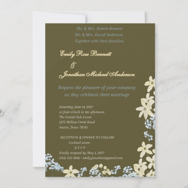 Reserve A Data Olive & Gold Floral Wedding Invitation (Frente)