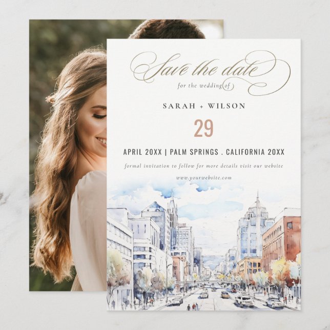 Reserve A Data Omaha Nebraska Watercolor Landscape Wedding Photo (Frente/Verso)