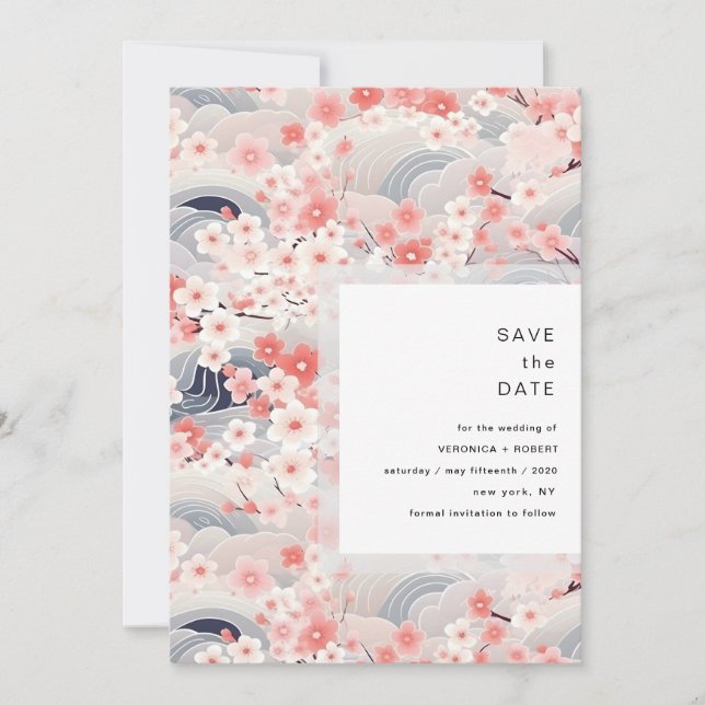 Reserve A Data Ondas Rosadas Flor de Cerejeira Casamento Moderno (Frente)
