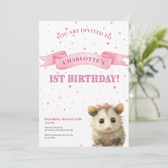 Reserve A Data Opossum Birthday Invitation • 1st Birthday (Em pé/Frente)
