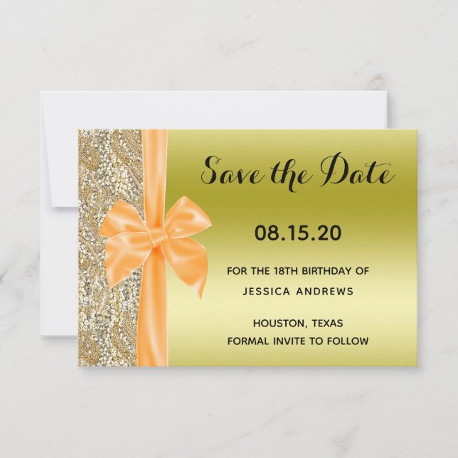 Reserve A Data Orange Silk Bow Gold Sequins 18th Birthday (Frente)