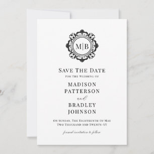 Reserve A Data Ornamentado Floral Monograma Casamento Branco Pret