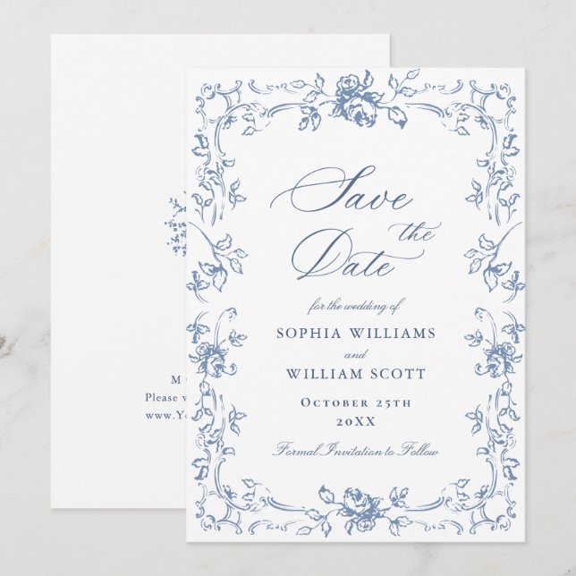 Reserve A Data Ornamentado Renascentista Casamento Azul Dusty (Frente/Verso)