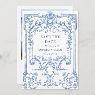 Reserve A Data Ornamentado vitoriano Grace Floral Blue Wedte Foto
