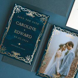 Reserve A Data Ornamento Índigo Medieval Dourado de Hera Casament