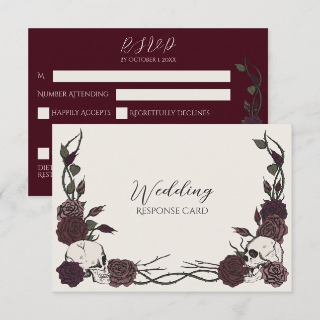 Reserve A Data Osso & Borgonha Crânio Floral Casamento RSVP (Frente/Verso)