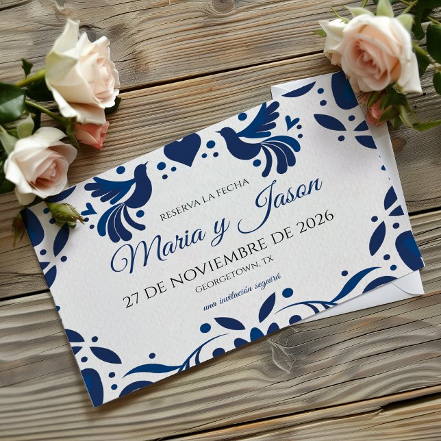 Reserve A Data Otomi Blue Floral Elegant Fiesta Spanish Wedding (Otomi Blue Floral Elegant Fiesta Spanish Wedding Save The Date)