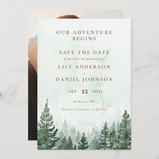 Reserve A Data Our Adventure Rustic Pine Forest Photo Wedding (Frente/Verso)