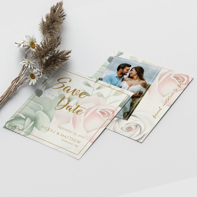 Reserve A Data Ouro Botânico Verde Folhagem Eucalipto Casamento (Botanical Gold Greenery Eucalyptus Personalized Wedding Save The Date)