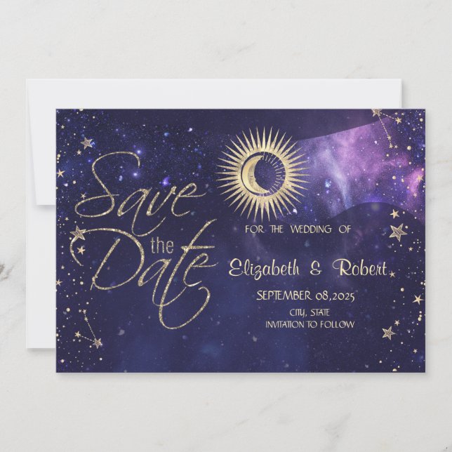 Reserve A Data Ouro Celestial Sol, Lua, Estrelas Roxo (Frente)