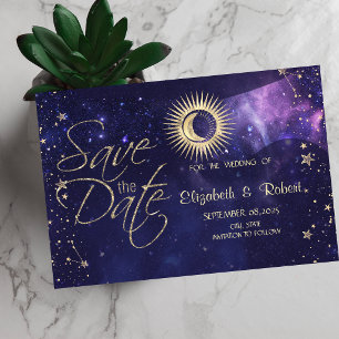 Reserve A Data Ouro Celestial Sol, Lua, Estrelas Roxo