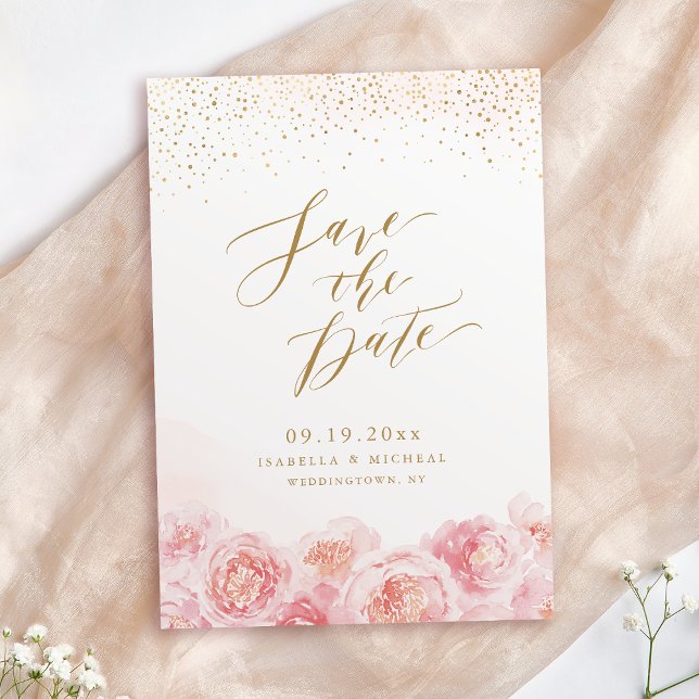 Reserve A Data Ouro para caligrafia elegante e casamento floral p (Elegant calligraphy gold & blush floral wedding save the date)