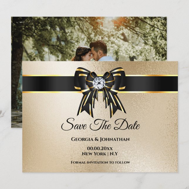 Reserve A Data Ouro preto brilho DIY foto elegante luxuoso (Frente/Verso)